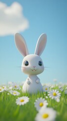 A charming cartoon rabbit stands amidst daisies under a clear blue sky, capturing the essence of joy in nature. Perfect for spring-themed designs.