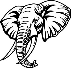 A black and white illustration of an elephant's head facing left