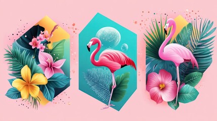 Set of summer sale banner template. Liquid abstract geometric bubble with tropic flowers, flamingo. Tropical background and backdrop, promo badge for seasonal offer, promotion, advertising