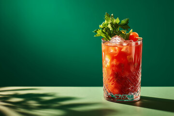 Bloody Mary Cocktail on Green Background. Bloody Mary cocktail with garnish on a green backdrop. Ideal for summer party and cocktail-themed designs.