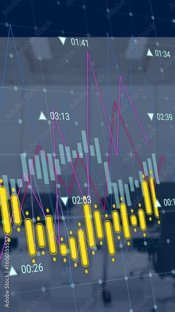 Poster animation of graphs and processing data over computers on desks at office