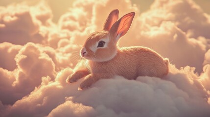 A charming rabbit rests on a bed of soft clouds, bathed in warm light, creating a dreamy and whimsical atmosphere. Perfect for themes of nature and serenity.