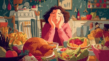 Sad woman at a Thanksgiving feast