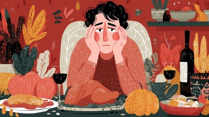 Sad person surrounded by food