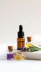 Aromatherapy essential oils bottles with lavender for wellness and skin care concept