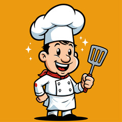 Cartoon chef character in uniform cooking a gourmet Italian meal with a pan, spoon, and ladle in the kitchen