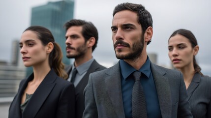 Ambitious business team standing tall overlooking the city skyline reflecting confidence