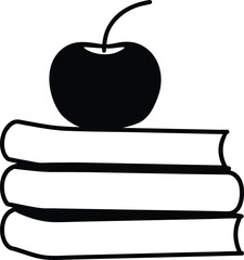 book stack with apple   line art black vector ill.eps