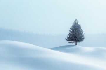 Obraz premium Lone pine tree stands in the snow on a hill. Concept of solitude and tranquility, as the tree stands alone in the vast, snowy landscape. The white snow covering the ground
