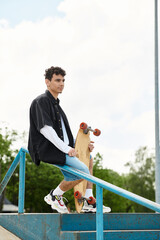 Young man relaxing at the park while holding a skateboard on a sunny day