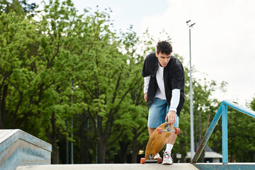 Young man enjoys a sunny day skating at a vibrant park with fresh trees and blue skies