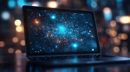 Holographic projection of galaxies hovering above a laptop screen in a modern workspace