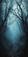 Forest with trees and a path. The trees are dark and the sky is cloudy. Scene is mysterious and eerie