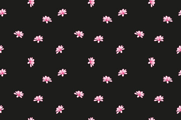 Seamless vector pattern with small flowers scattered on a black background. Simple, elegant, and modern template for textiles, wrapping paper, stationery, wallpaper, and digital projects