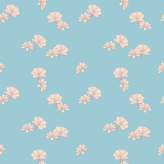 Seamless vector pattern with delicate pastel pink flowers on a soft blue background. Elegant and minimal floral design for fabric, wallpaper, or stationery