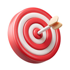 3D plastic-style red and white target icon with arrow hitting center, representing business goal and accuracy, isometric plastic look, isolated, transparent background
