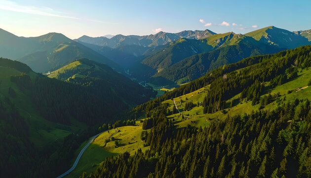 Aerial View Mountain Valley Sunset.