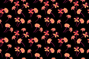 Seamless vector pattern with bright stylized orange pink chamomile flowers on a black background. Template for fabric, packaging, stationery, and modern floral design.
