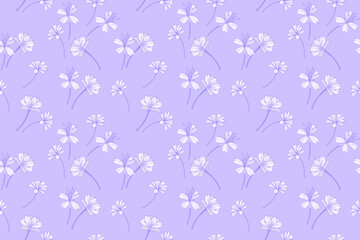 Seamless vector pattern with delicate white chamomile flowers on a soft lilac background. Perfect for textiles, spring designs, packaging, and feminine floral projects.
