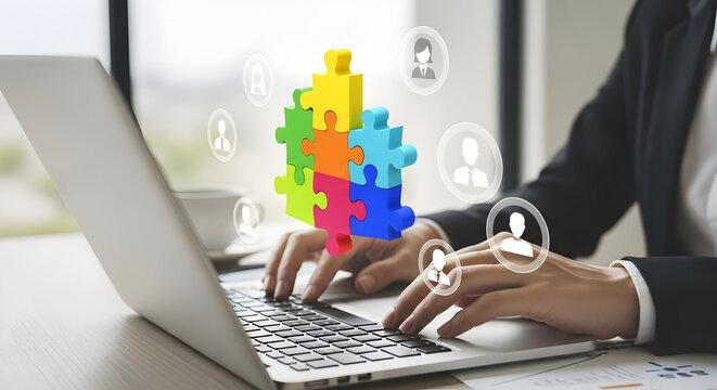 "Holographic Puzzle Pieces and Light Projector Showing Digital Brainstorming and Problem Solving" - Powered by Adobe