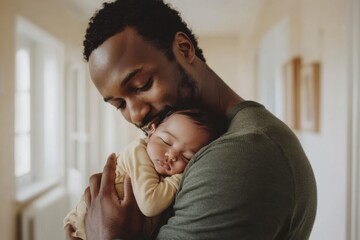 Loving father holding sleeping newborn baby at home