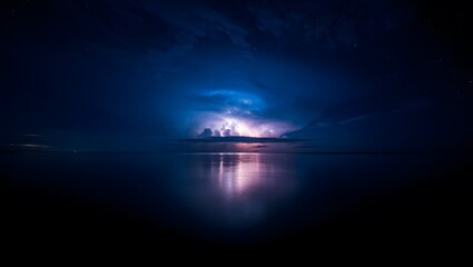 Night thunderstorm over the ocean with lightning strikes and dramatic sky landscape