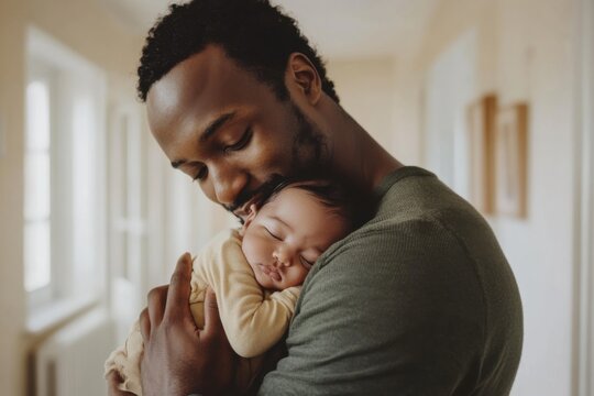 Loving father holding sleeping newborn baby at home