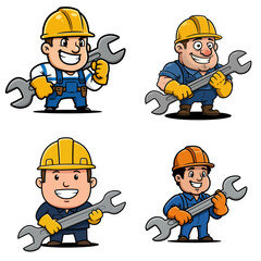 Fototapeta premium Funny cartoon construction workers and mechanics with helmets and tools, a vector illustration of industrial characters