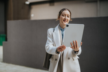 Businesswoman wearing a stylish coat, holding a digital tablet and interacting on a video call...
