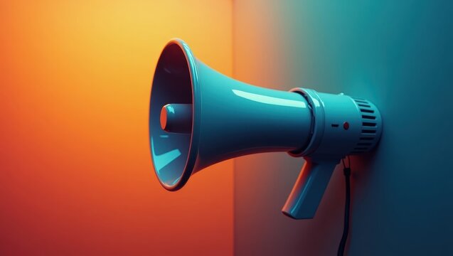 Modern megaphone against a wall with vibrant color gradient.