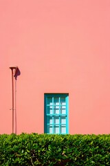 Pastel pink wall with turquoise window and green hedge architecture photography