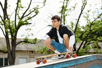 Young man enjoys a sunny day at the park while practicing skateboarding tricks