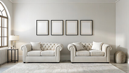 Fototapeta premium Classic Beige Living Room Layout With Symmetrical Poster Placement