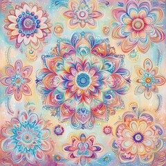 Colorful flowery design with a lot of different colors and shapes. The flowers are arranged in a circle and there are many of them. The design is very vibrant and lively