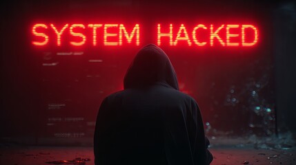 A mysterious figure in a hoodie sits in front of a glowing 'SYSTEM HACKED' sign, creating an atmosphere of intrigue and suspense.