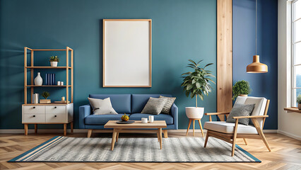 Fototapeta premium Clean Modern Living Room With Blue Accent Wall And Simple Poster Frame