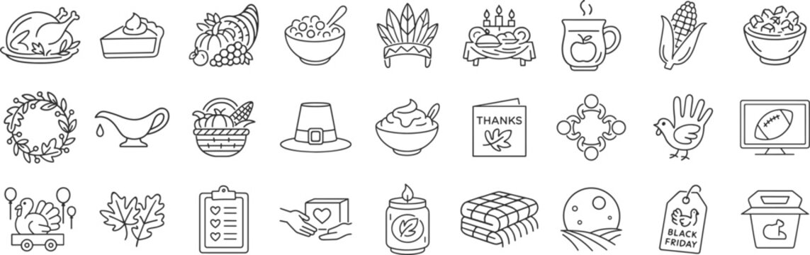 Thanksgiving celebration icon set featuring roast turkey, pumpkin pie, cornucopia, cranberry sauce, mashed potatoes, stuffing, pilgrim hat, family dinner and gratitude vector illustration. - Powered by Adobe