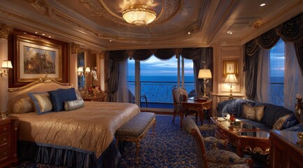 Naklejka premium Luxurious bedroom suite with ocean view.