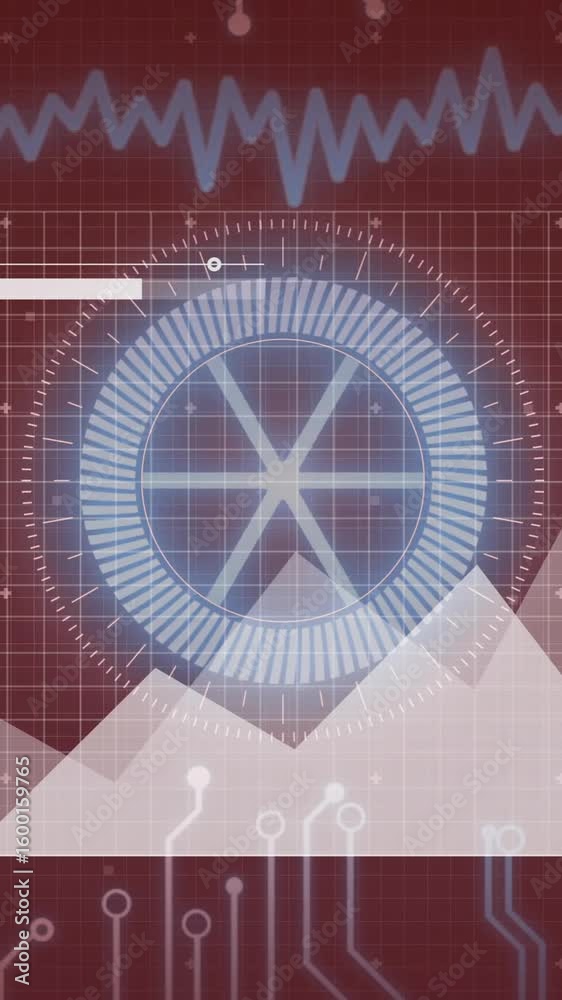 Poster circuit board and data processing animation over fluctuating graph and digital interface