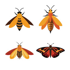 Cartoon vector set of flying insects including bees, moths, and butterflies with vibrant wings, ideal for nature graphics, educational materials, kids' content, and decorative design projects.