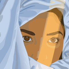 Portrait of a young woman, shot in shadows, with a vertical beam of light projected onto her eye