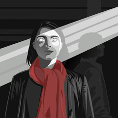 Portrait of a young woman, shot in shadows, with a vertical beam of light projected onto her eye