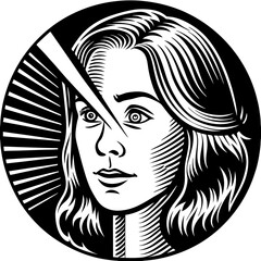 Portrait of a young woman, shot in shadows, with a vertical beam of light projected onto her eye