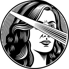 Portrait of a young woman, shot in shadows, with a vertical beam of light projected onto her eye