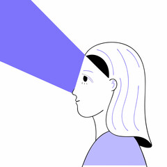 Portrait of a young woman, shot in shadows, with a vertical beam of light projected onto her eye