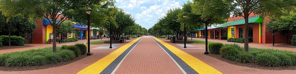 Obraz premium Vibrant Pathway with Colorful Shops and Lush Greenery under a Sunny Sky