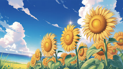 The image depicts a vibrant summer landscape with sunflowers blooming in the foreground, white clouds filling the background, and a distant horizon and ocean.