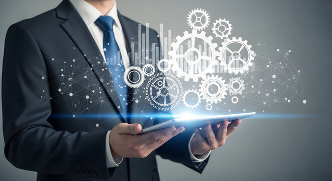"Business Executive Controlling Digital Gear and Innovation Icons on Holographic Tablet"
