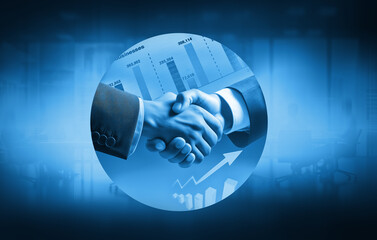 Business handshake with financial growth chart in blue.