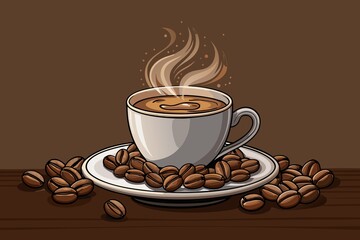 Aromatic Coffee Cup with Steam and Coffee Beans on a Brown Background Illustration